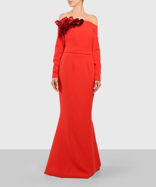 knee length dresses for ladies SAVING MYSELF FLOWER APPLIQUE LACE DETAIL SATIN MAXI DRESS  AKIRA