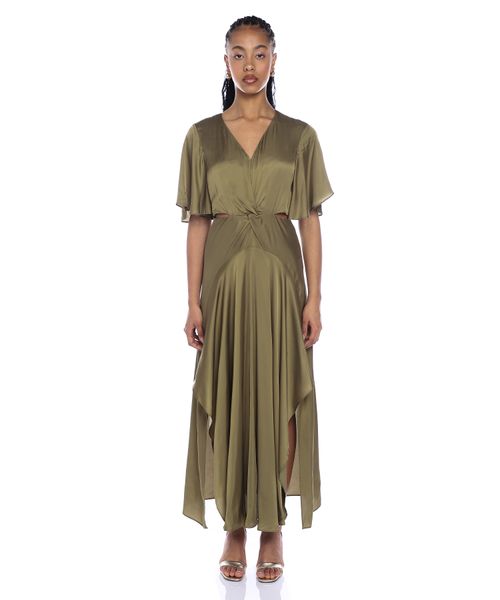 strapless open back dress Florence Waterfall Wrap Dress in Olive Green Satin